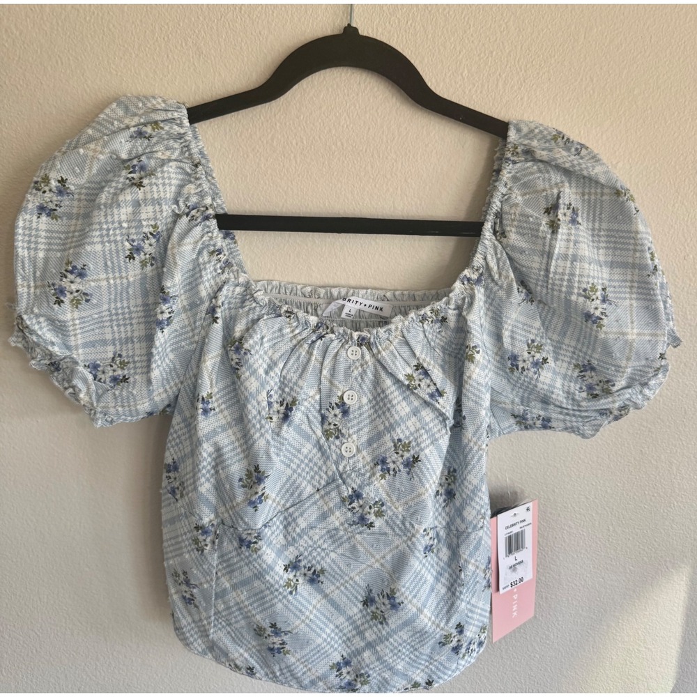 Celebrity Pink Short Puff Sleeve Peasant top Crop Blue Floral Size L
